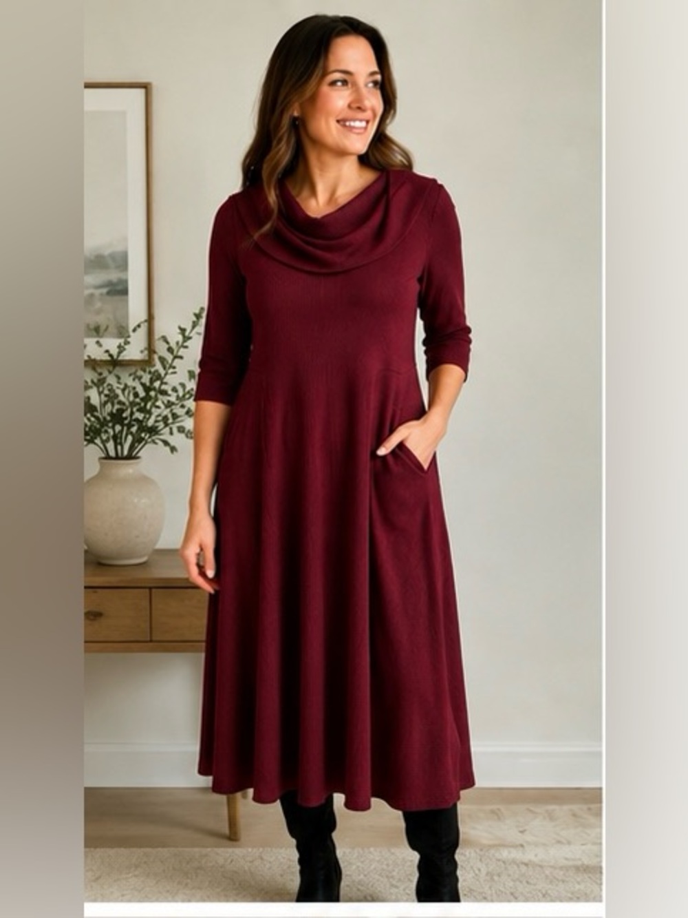 Robbie Bee Burgundy Cowl Neck Midi Dress – Size 1X
